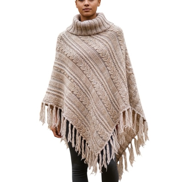 Time and Tru Sweaters - Time and Tru Tan Knit Poncho